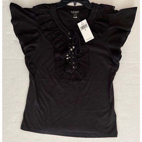 Lauren Ralph Lauren Womens Sz Small Ruffle-Trim Lace-Up Jet Black Top - Picture 7 of 11